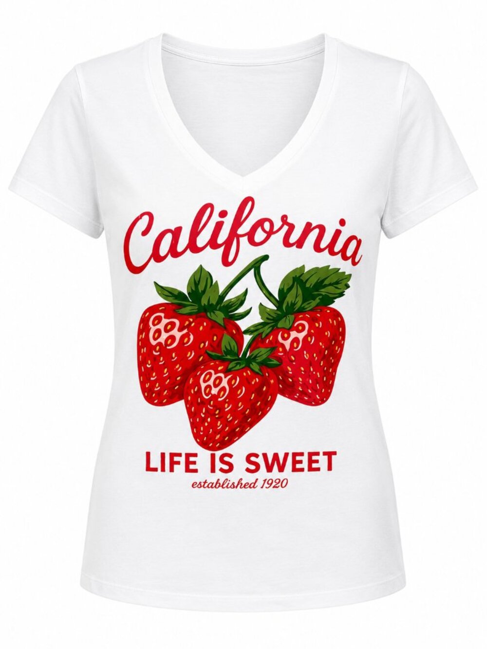 Women's California Life Is Sweet Strawberry Graphic V-Neck White T-Shirt S-XL